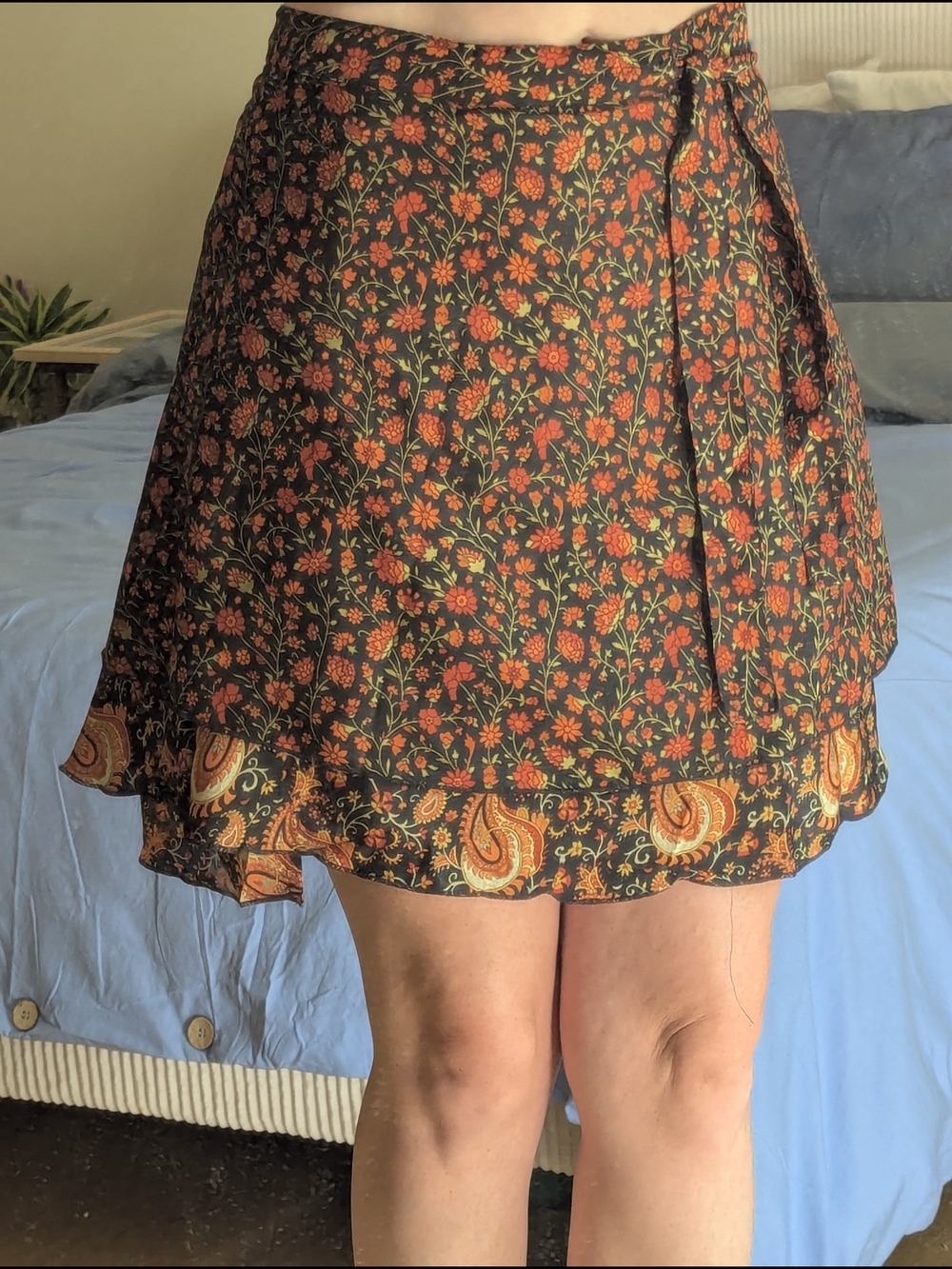 Floral/Paisley Wrap Mini Skirt- Orange/Red/Black